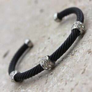 Black Cable Cuff Bracelet with Crystal Accents in Silver
